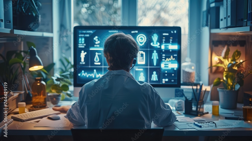 Poster A person set in front of a pc developing an app related to health. The place from which it is developed indicates health. Generative AI.
