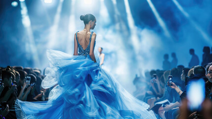 Fashion female model walks the Runway in gorgeous flowing blue dress at fashion show, many photograhpers on the background