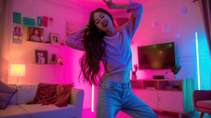Young trendy influencer asian woman dancing on mobile phone at home in living room with neon light. Creator vlogger talent dancing enjoy hobby content recording show video sharing on social media.