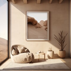Fototapeta na wymiar Beige Aesthetic Modern Living Room Minimal Wall Art Poster Frame Mockup Instagram Post 