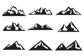 Mountain peak silhouettes. Black hills, top rocks. Mountains symbols, extreme sport hiking climbing travel or adventures. Isolated geology landscape elements vector set 