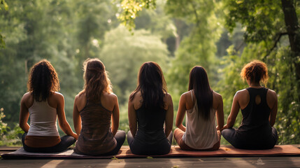 group of women doing yoga outdoors - obrazy, fototapety, plakaty