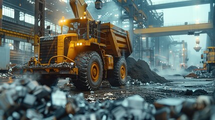 A loader truck efficiently handling steel trash inside a modern steel manufacturing factory. Generative AI.