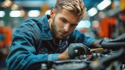 A mechanic working attentively on a vehicle in an auto repair shop. The mechanic is wearing a dark blue work shirt and protective gloves. Generative AI.