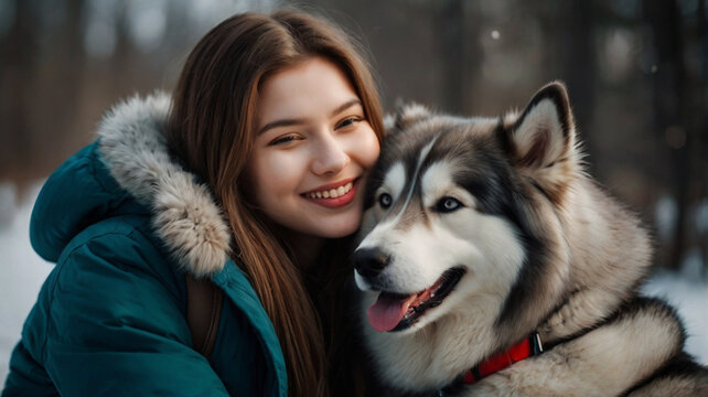 Young woman poses with her Haski dog in the garden and hugs him affectionately