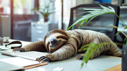 Fototapeta premium tired sloth sleeping at the table in the office. fatigue, laziness and slowness at work