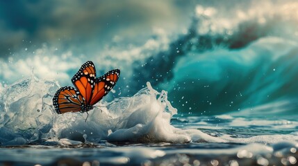 Fototapeta na wymiar Butterfly flapping its wings against the background of the sea