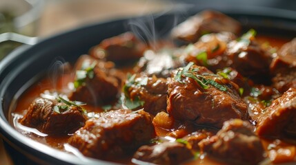 Tender chunks of beef simmered to perfection in a savory red wine gravy.