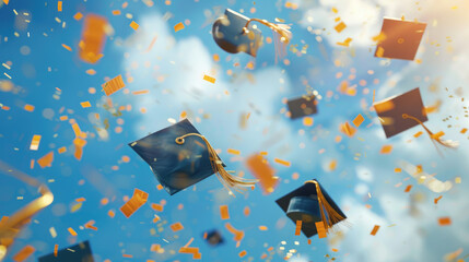 Graduation cap floating in the sky with confetti