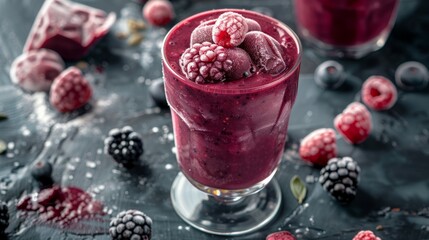A frosted glass of red berry smoothie adorned with frozen berries, an ideal nutritious morning treat.