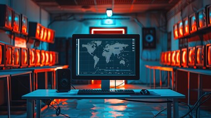 A hacker desktop monitor center in the frame. Generative AI.