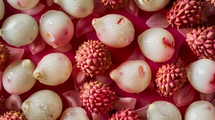 Fototapeta na wymiar Succulent Lychee Fruits Arranged on a Lustrous Pink Canvas