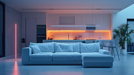 A minimalist living room and kitchen featuring a sleek sofa, dining table in the dining area, and a floor lamp with a neon light. Generative AI.