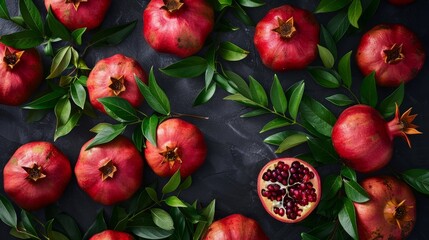 Obraz na płótnie Canvas Luscious Pomegranates with Verdant Leaves