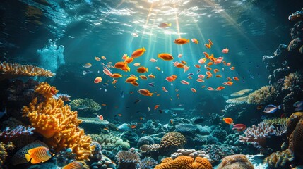 Naklejka na ściany i meble Dive into the depths of the ocean, where vibrant marine life and mysterious wonders await beneath the waves. Generative AI.