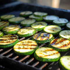the zucchini slices as they're placed on the hot grill. Generative AI.