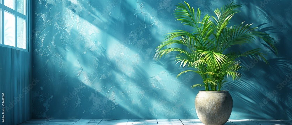 Poster a blurred shadow is cast by palm leaves on a light blue wall. a minimal abstract background is used 