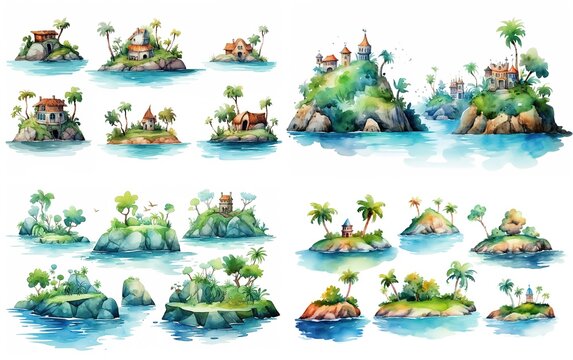 watercolor cartoon illustration, cute hut on small island, collection set on white background, Generative Ai