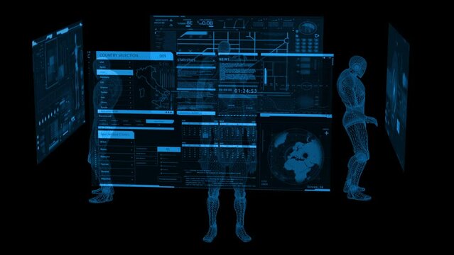 Grid structure men stay near transparent situational maps. Mystical 3D animation.