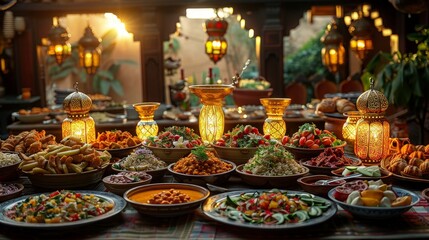 Ramadan family dinner. Breaking fast, iftar. Arabic Middle Eastern traditional cuisine.