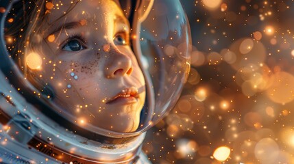 The little girl plays astronaut on the background of the sunset sky. She looks up at the falling star and dreams of becoming a spaceman.