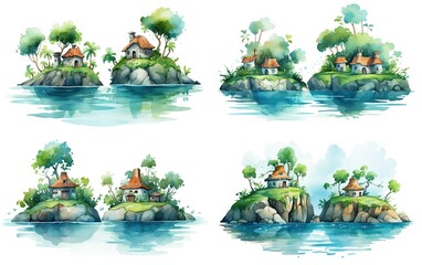 watercolor cartoon illustration, cute hut on small island, collection set on white background, Generative Ai - obrazy, fototapety, plakaty