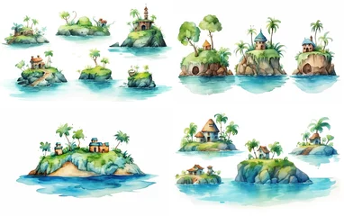 Foto op Plexiglas watercolor cartoon illustration, cute hut on small island, collection set on white background, Generative Ai © QuietWord