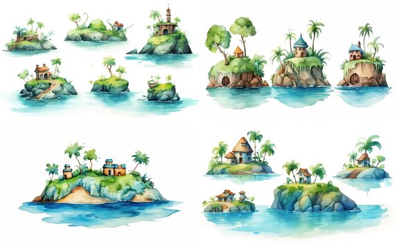 watercolor cartoon illustration, cute hut on small island, collection set on white background, Generative Ai