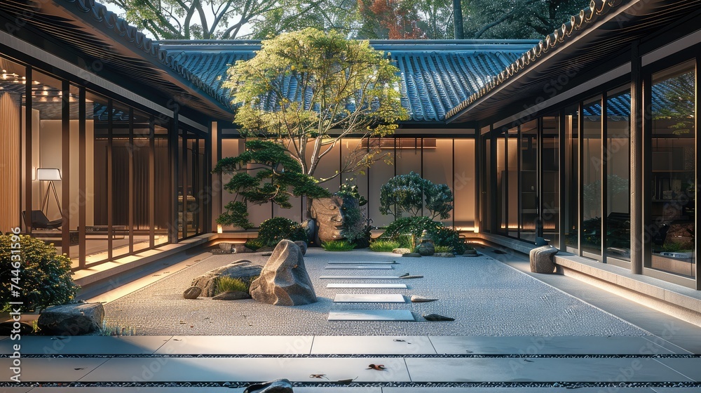 Poster Japanese courtyard is surrounded by concrete and stone. Generative AI.