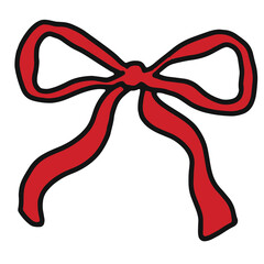 Hand drawn red ribbon for decorations, sticker, logo, icon, print, social media post, card, sign, symbol, tattoo, cute elements, fashion, accessory, ads