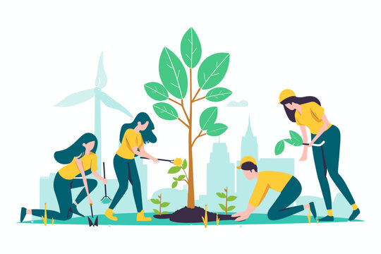 Sustainable Business Practices, Green Corporate Responsibility, Eco-Friendly Office Environment, Employees Planting Trees, Renewable Energy Concept