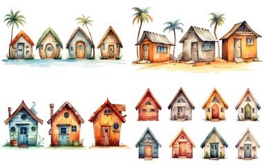 watercolor cartoon illustration, cute beach cabin  collection set on white background, Generative Ai