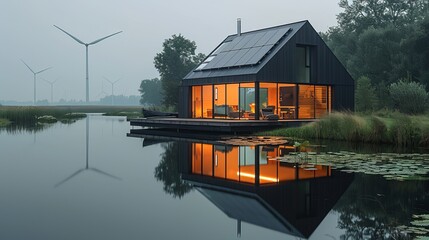 The roof of a house has solar panels and wind turbins surround it - a sustainable resource concept