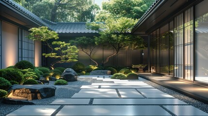 Japanese courtyard is surrounded by concrete and stone. Generative AI.