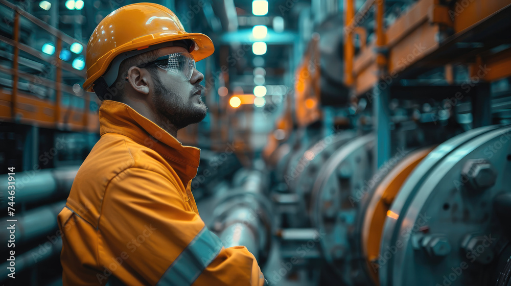 Aufkleber A worker stands next to machinery in a factory. Generative AI.