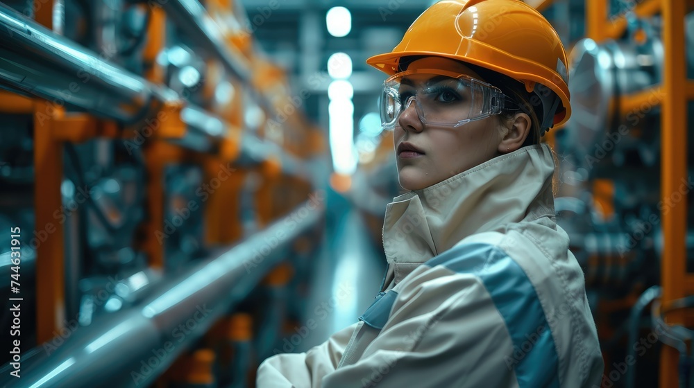 Aufkleber A worker stands next to machinery in a factory. Generative AI.