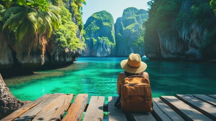 Solo traveler with backpack enjoying tranquil tropical lagoon combining professional commitments with enjoyable travel experiences in the natural