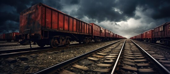 Obraz premium Freight wagons halted on railway track.