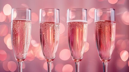 Close-up of five shimmering pink champagne glasses, ready for a festive occasion. Generative AI.