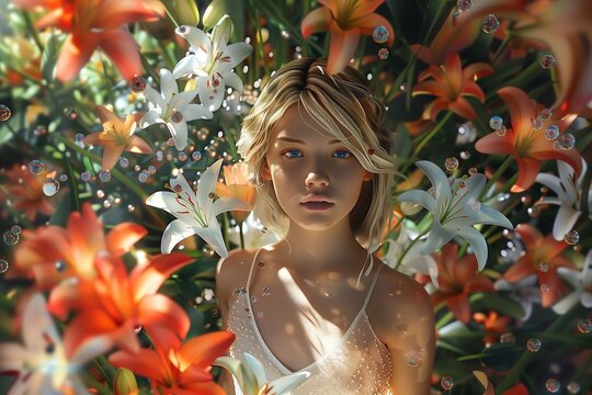 blondie walking among a forest made from a bouquet of white and orange lilies, with colorful baubles all around. Shiny summer floral concept. generative AI