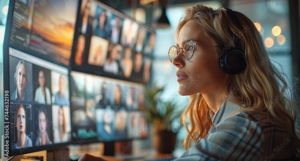 Poster a woman sitting in front of her computer screen and interacting with other people on the screen in o