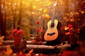 The guitar lies on the garden in autumn season with maple tree and flowers background, the concept: a song about autumn, music in colors forest - 744632101