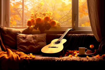 The guitar lies on the sofa in autumn season with sunflowers, maple tree and window view background, the concept: a song about autumn, music in colors forest - 744632118