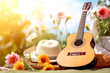 The guitar on the botanic garden with hat and flowers in spring season, the concept: a song about spring, music in colors, a flower garden, dream toned sunset background - 744632157