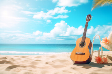 The guitar on the beach in summer season, the concept: a song about summer, music in colors, beach, sand, sea coconut tree, blue sky background - 744632189
