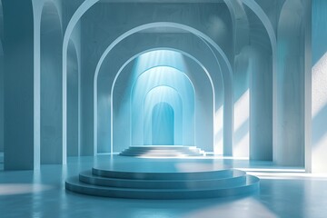 Empty blue space, neon lights, Futuristic, modern interior, future room style, sci-fi, hi-tech, background, 3D rendering.	