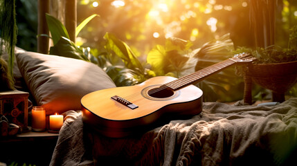 The guitar lies on the sofa with candles in the garden. the concept: a song for meditation, relaxation, music therapy - 744632318