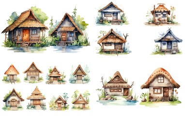 watercolor Ancient orient Asian style traditional house collection set  isolated on white background, Generative Ai