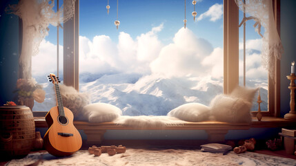 The guitar in the room with snow mountains and blue sky of the heaven. the concept: a song for meditation, relaxation, music therapy - 744632395