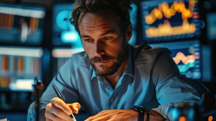 A trader at a desk writing in his trading book. Generative AI.